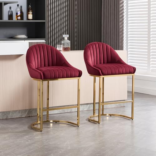 VESCASA 26” Chenille Upholstered Gold Legs Bar Stools Set of 2 - 9066