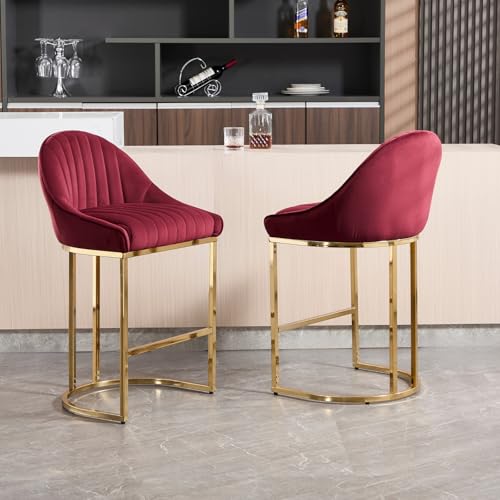 VESCASA 26” Chenille Upholstered Gold Legs Bar Stools Set of 2 - 9066