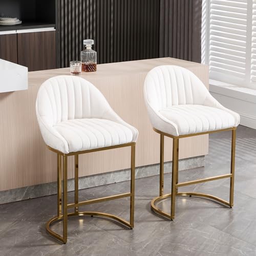 VESCASA 26” Chenille Upholstered Gold Legs Bar Stools Set of 2 - 9066