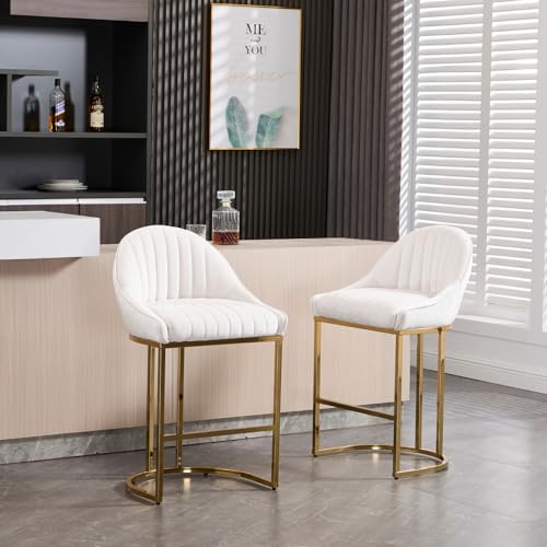 VESCASA 26” Chenille Upholstered Gold Legs Bar Stools Set of 2 - 9066