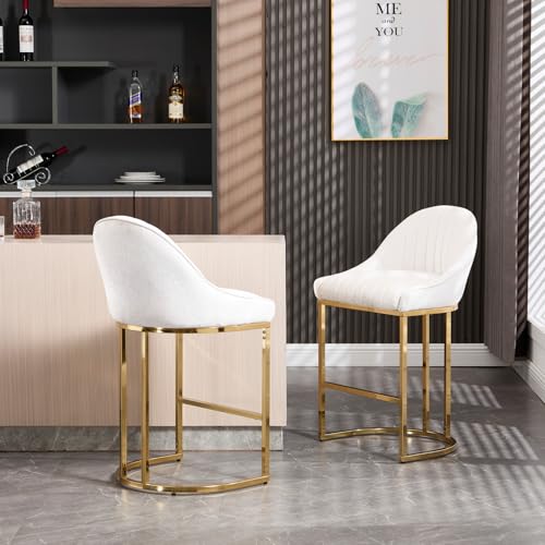 VESCASA 26” Chenille Upholstered Gold Legs Bar Stools Set of 2 - 9066