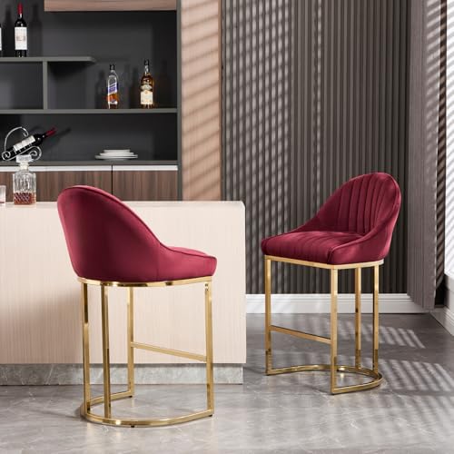 VESCASA 26” Chenille Upholstered Gold Legs Bar Stools Set of 2 - 9066