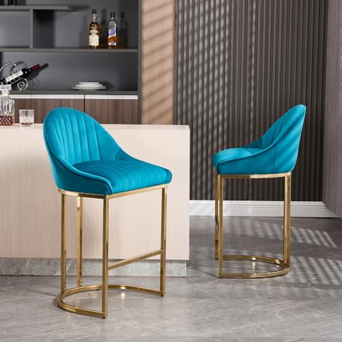 VESCASA 26” Chenille Upholstered Gold Legs Bar Stools Set of 2 - 9066