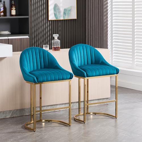 VESCASA 26” Chenille Upholstered Gold Legs Bar Stools Set of 2 - 9066