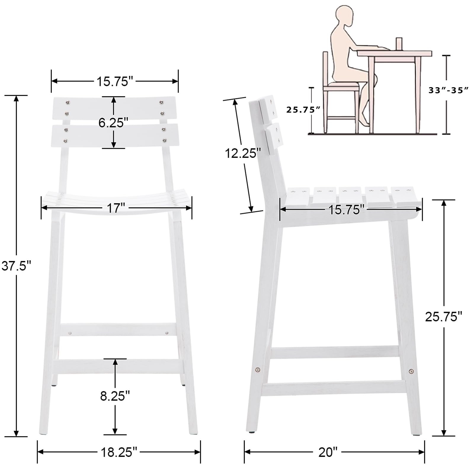 ZH4YOU 26" Wood Counter Stools with Cozy Curved Back Set of 2 - 7064