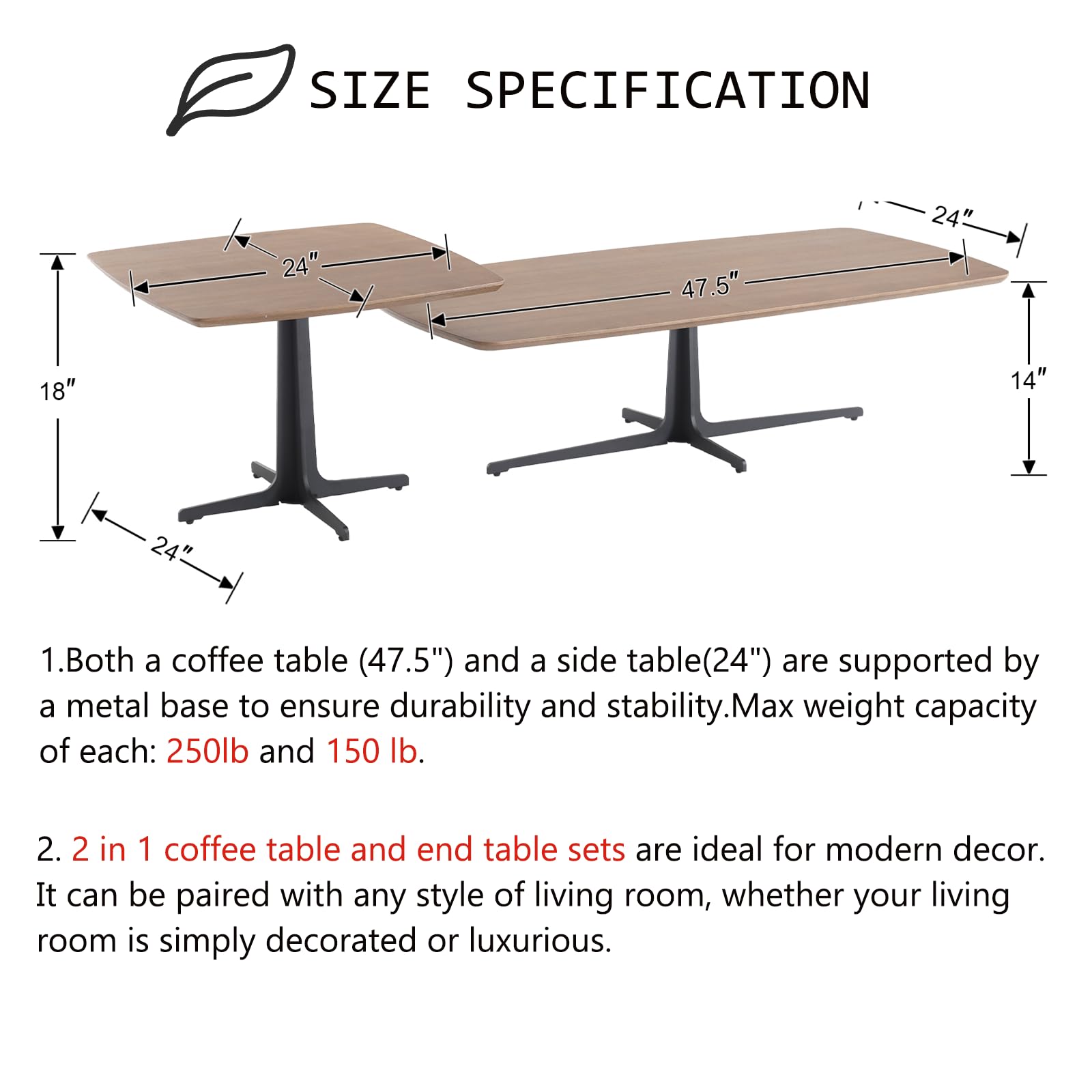 Kmax 47" Modern Rectangular Coffee Table Set of 2