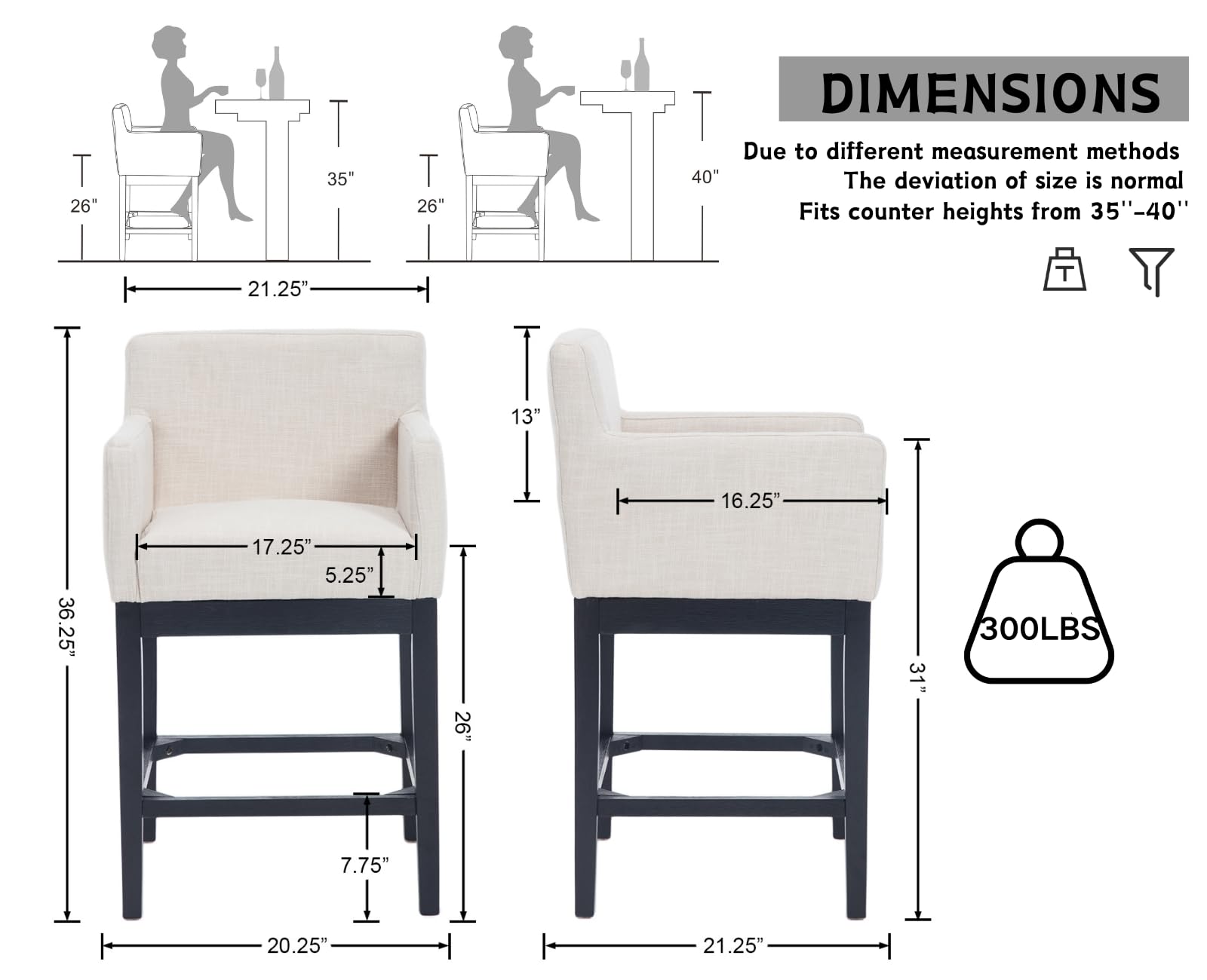 CIMOTA 26'' Farmhouse Wooden Counter Height Bar Stools Set of 2 - 2003