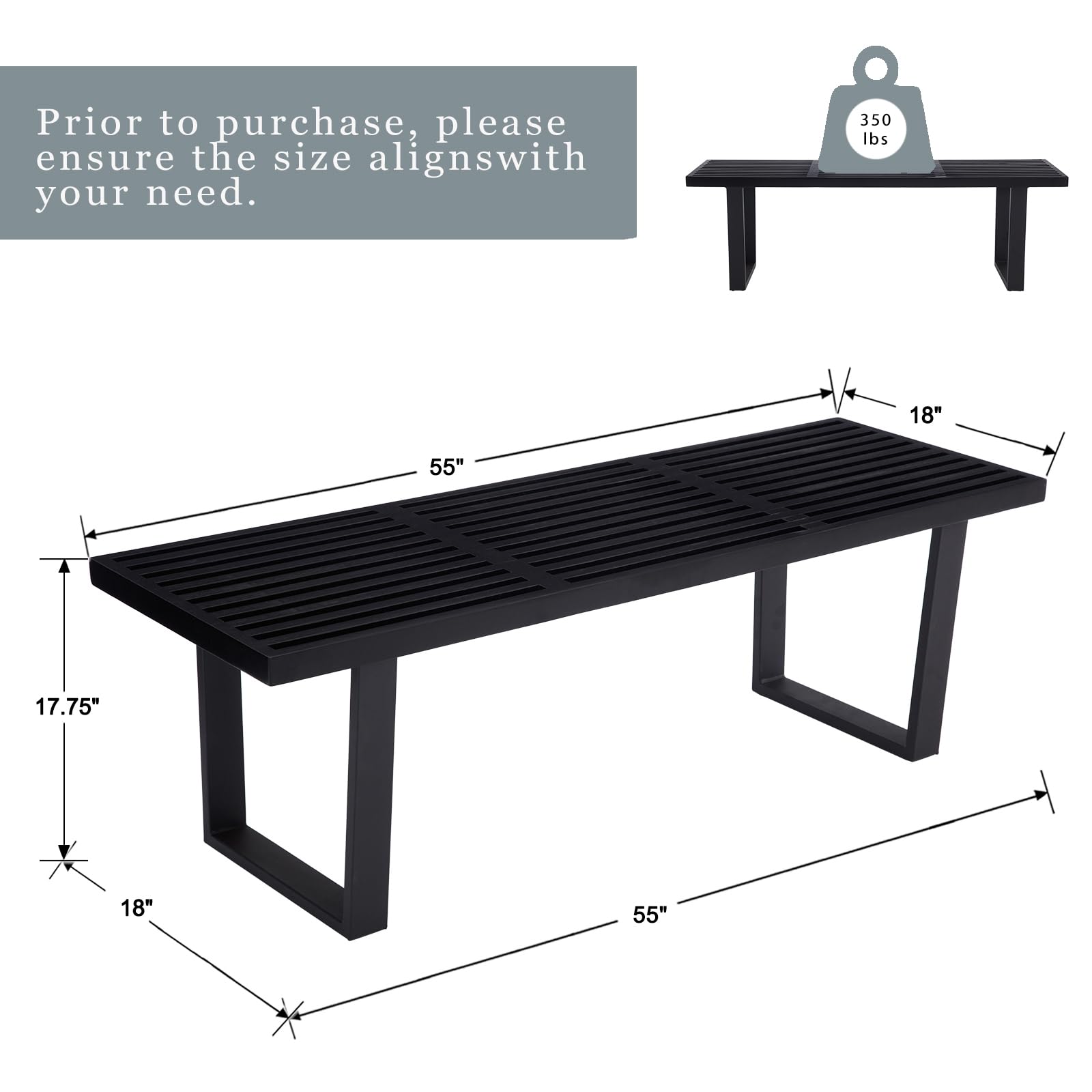 CHICAURA 55"Black Solid Metal Legs Wood Dining Bench - XXX9