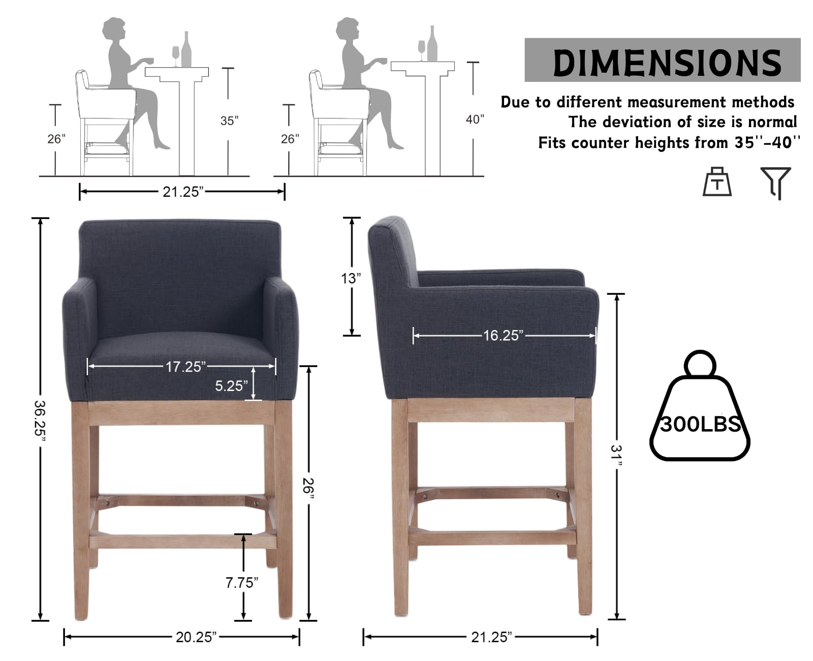 CIMOTA 26'' Farmhouse Wooden Counter Height Bar Stools Set of 2 - 2003