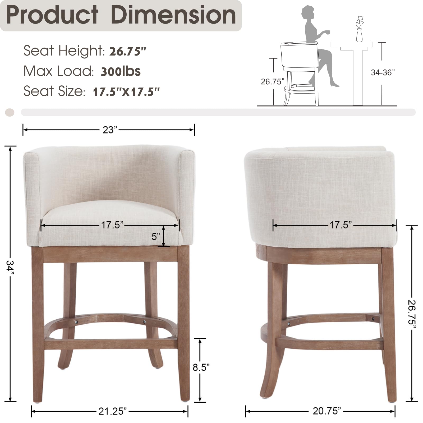 CIMOTA Wooden Fabric Counter Height Barrel Bar Stools 1 Piece - 2004