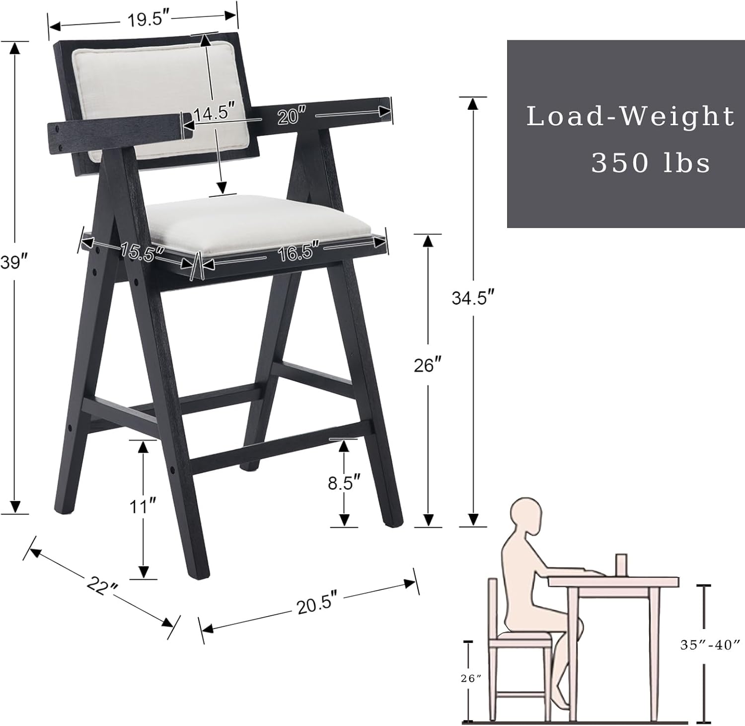 ZH4YOU 26"  Linen Upholstered Counter Height Bar Stools Set of 2 - 5804