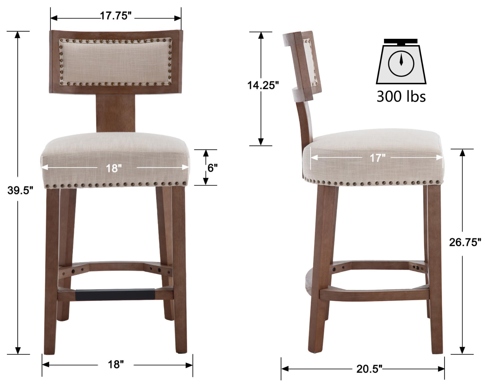 VESCASA 26.75"H Natural Wood Legs Counter Height Stools Set of 2 - 5753