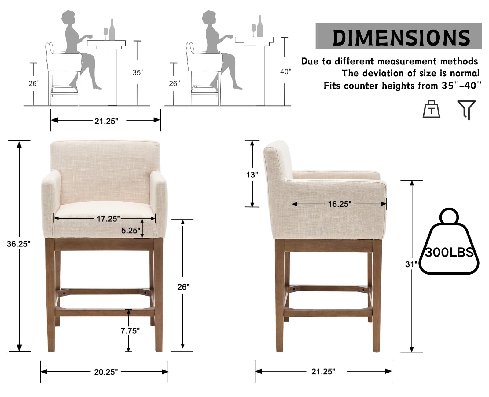 CIMOTA 26'' Farmhouse Wooden Counter Height Bar Stools Set of 2 - 2003