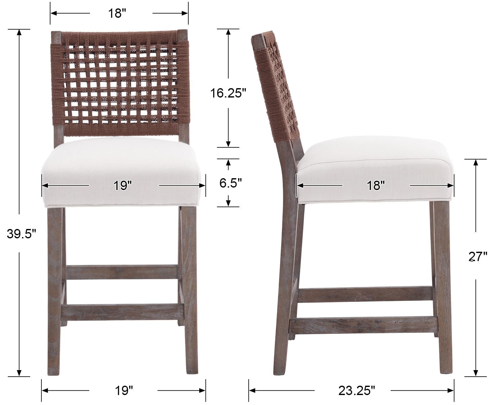 Kmax 27" Farmhouse Woven Backrest Counter Height Bar Stools Set of 2 - 2227