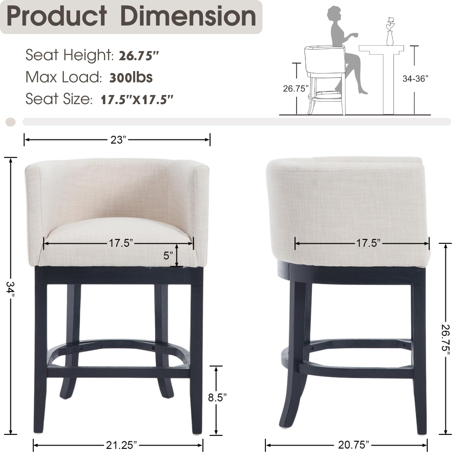 CIMOTA Wooden Fabric Counter Height Barrel Bar Stools 1 Piece - 2004