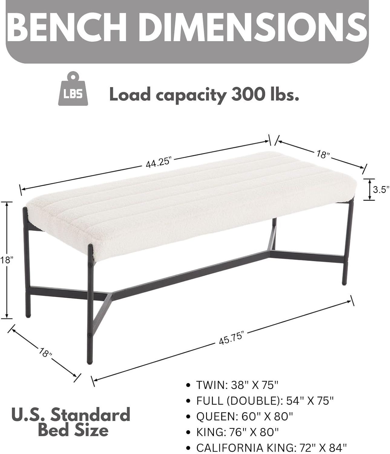 ZH4YOU Bench, 45.75"  Modern White Boucle Bedroom Bench - 2029