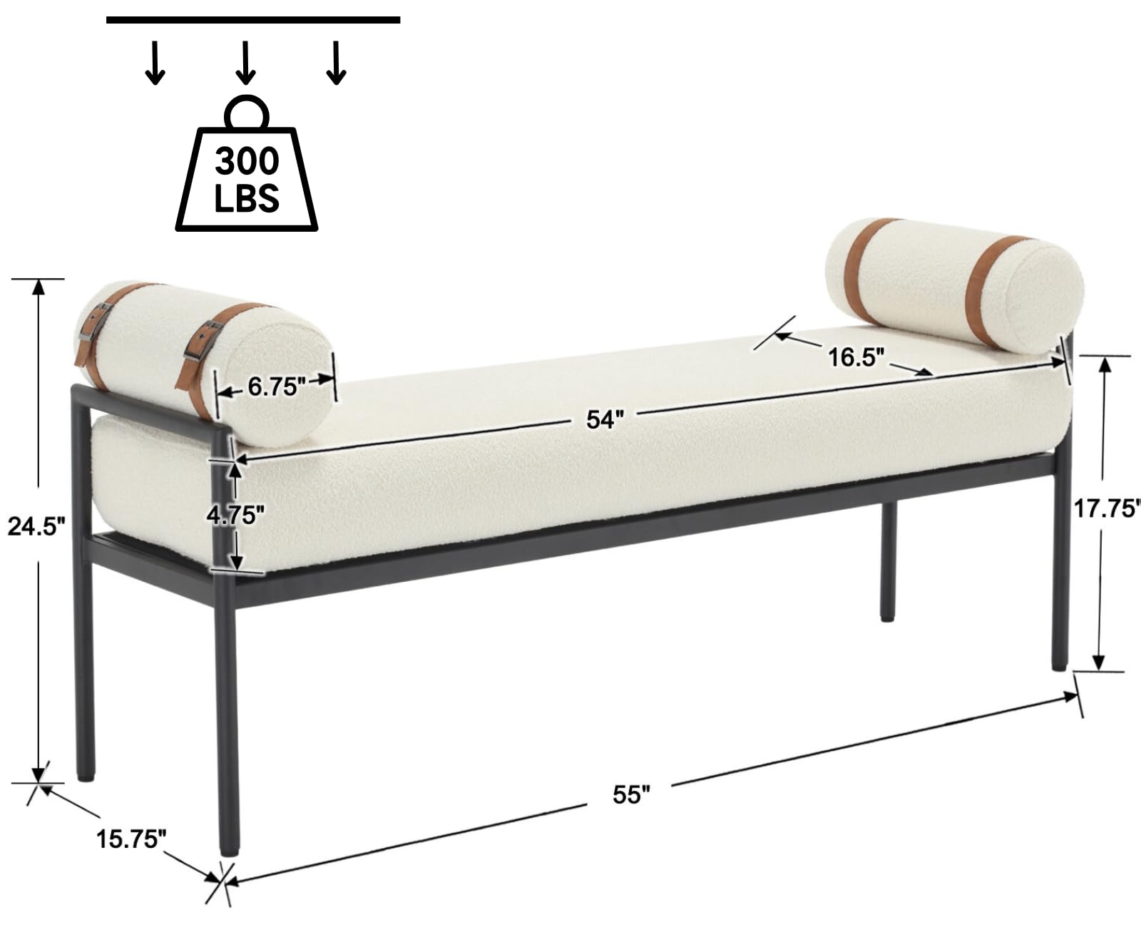 ROCITY 55 Inch Long Padded Upholstered Bedroom Bench with Removable Pillows - 2160