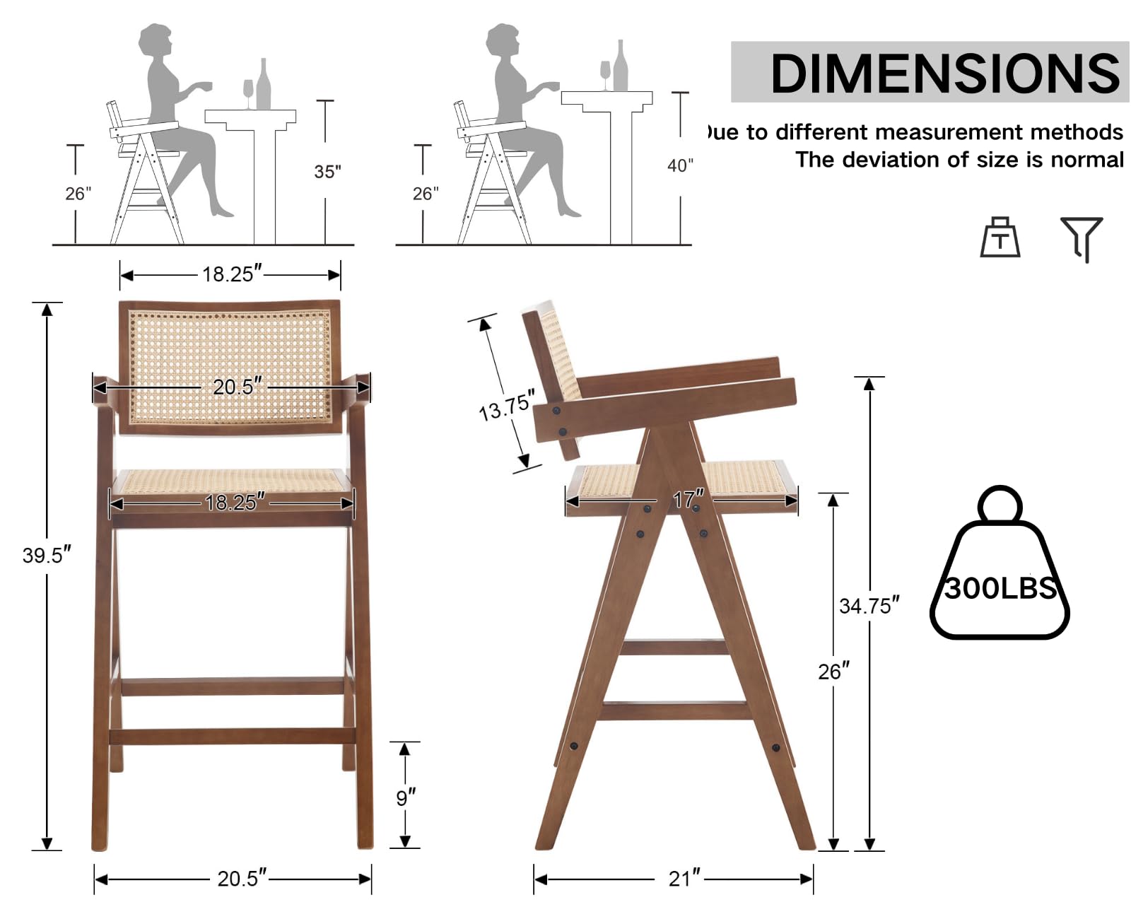 CIMOTA Farmhouse Wooden Woven Back Counter Height Bar Stools Set of 2 - 5805