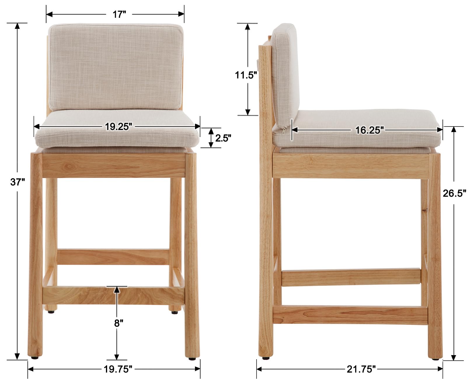 EALSON Mid Century Farmhouse Wooden Counter Height Bar Stools Set of 2 - 5761