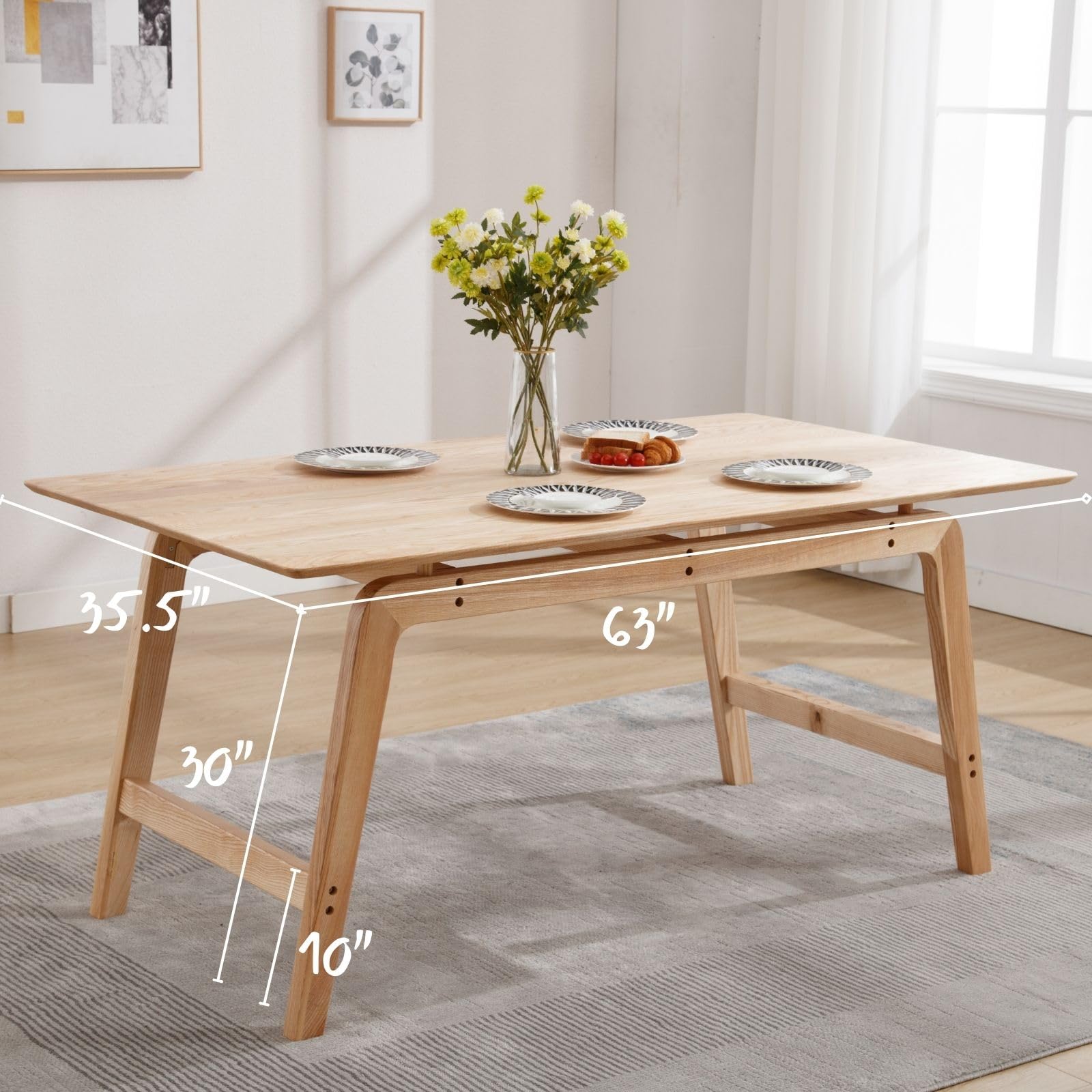 ZH4YOU 63" W Mid Century Modern Rectangle Solid Wood Dining Table - 21795