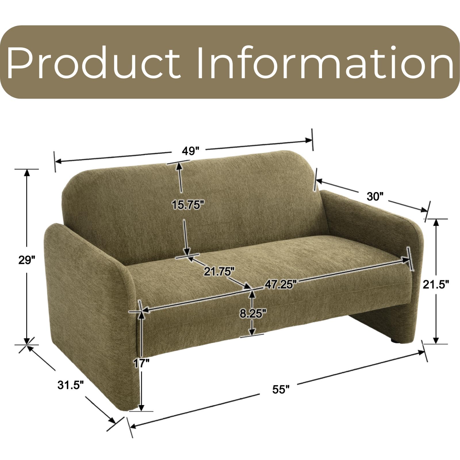 ROCITY 55'' Modern Green Small Couch Chenille Fabric  Love Seat Sofa - 1024