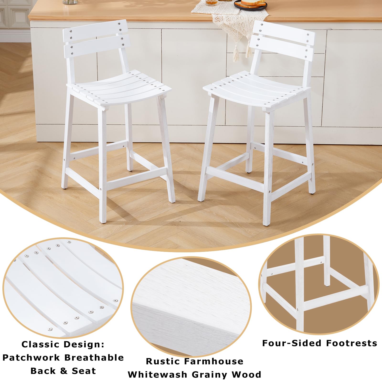 ZH4YOU 26" Wood Counter Stools with Cozy Curved Back Set of 2 - 7064