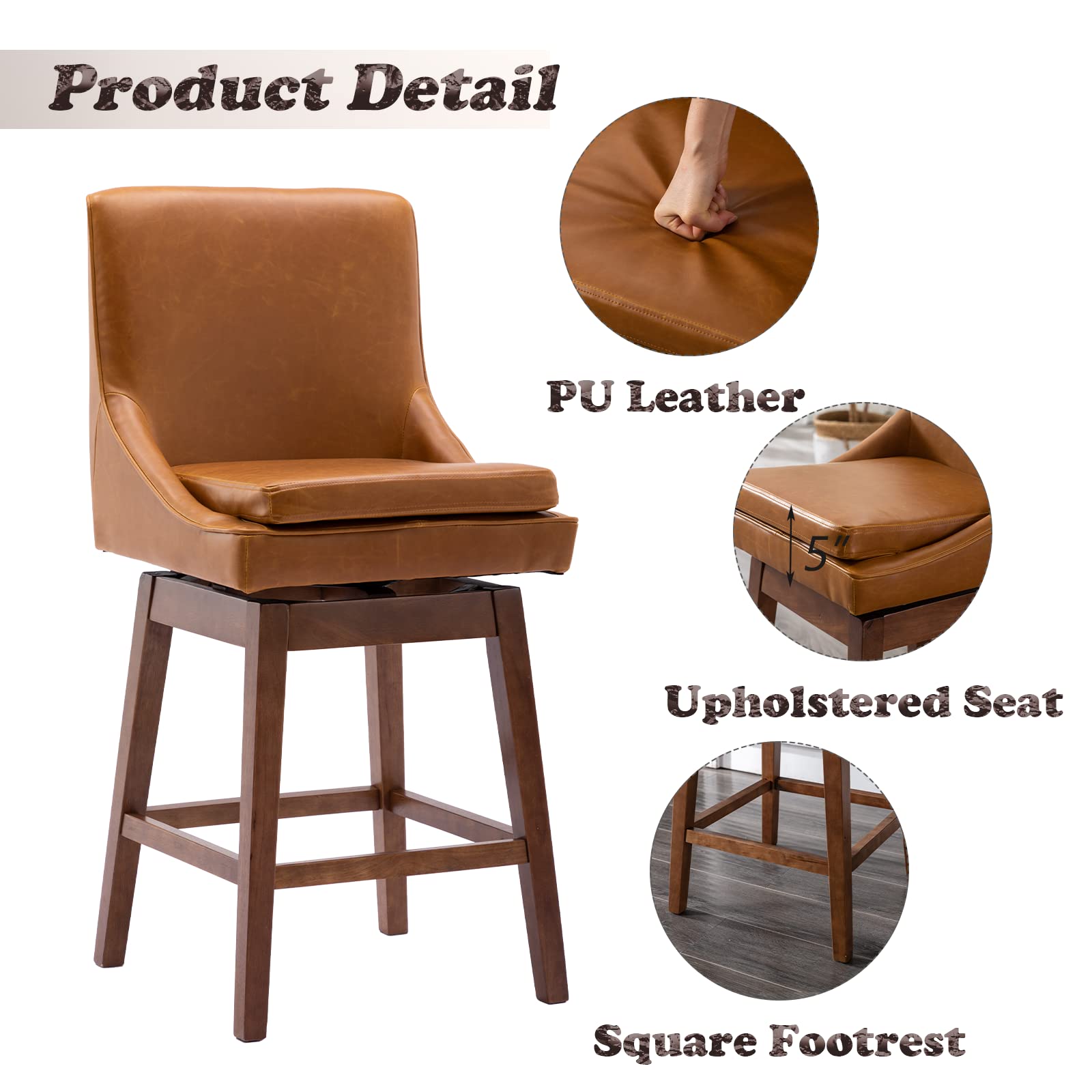 Janoray  40.5'' Swivel Brown PU Leather Counter Height Bar Stools Set of 2