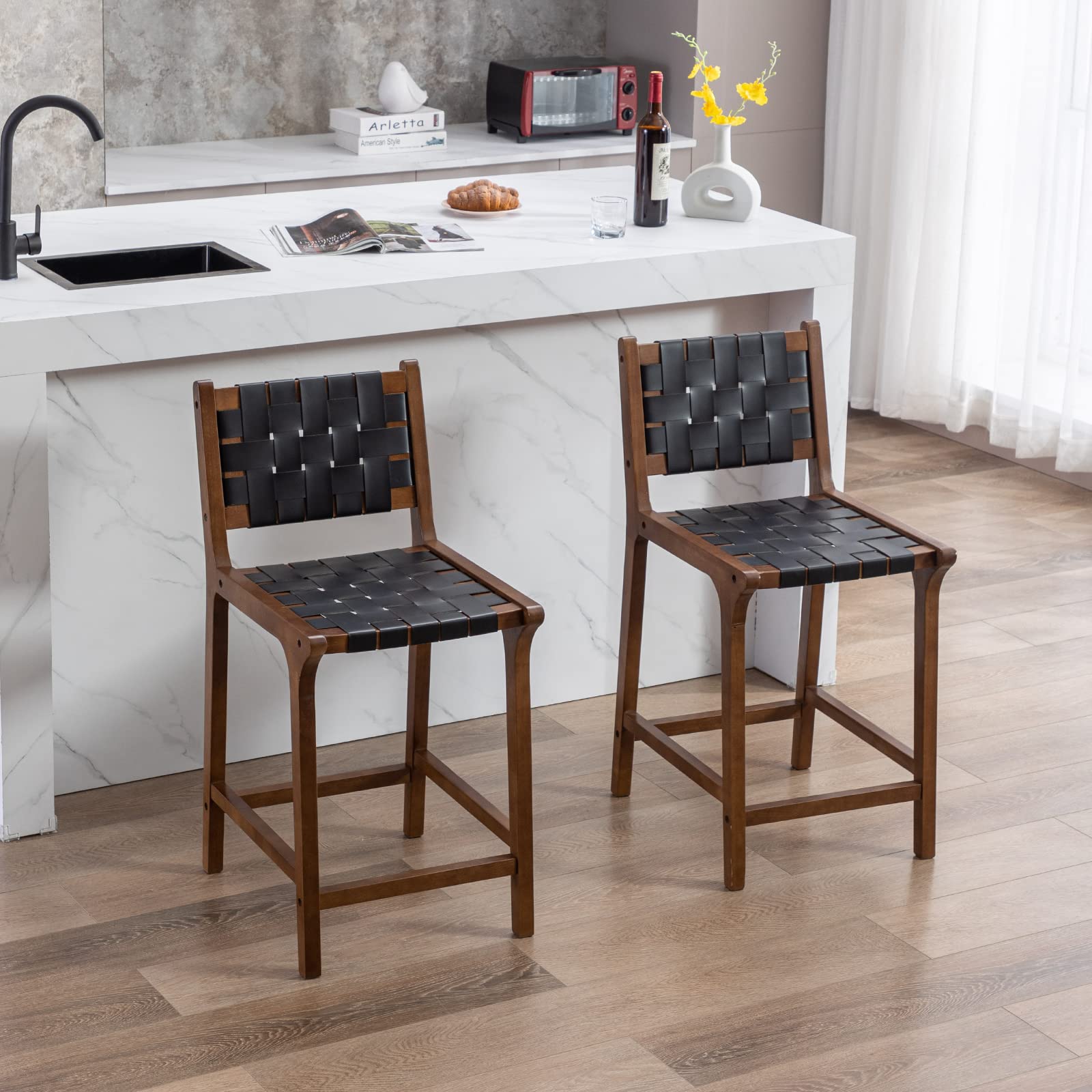 Janoray PU Leather Woven Strap Seat Counter Stools Set of 2