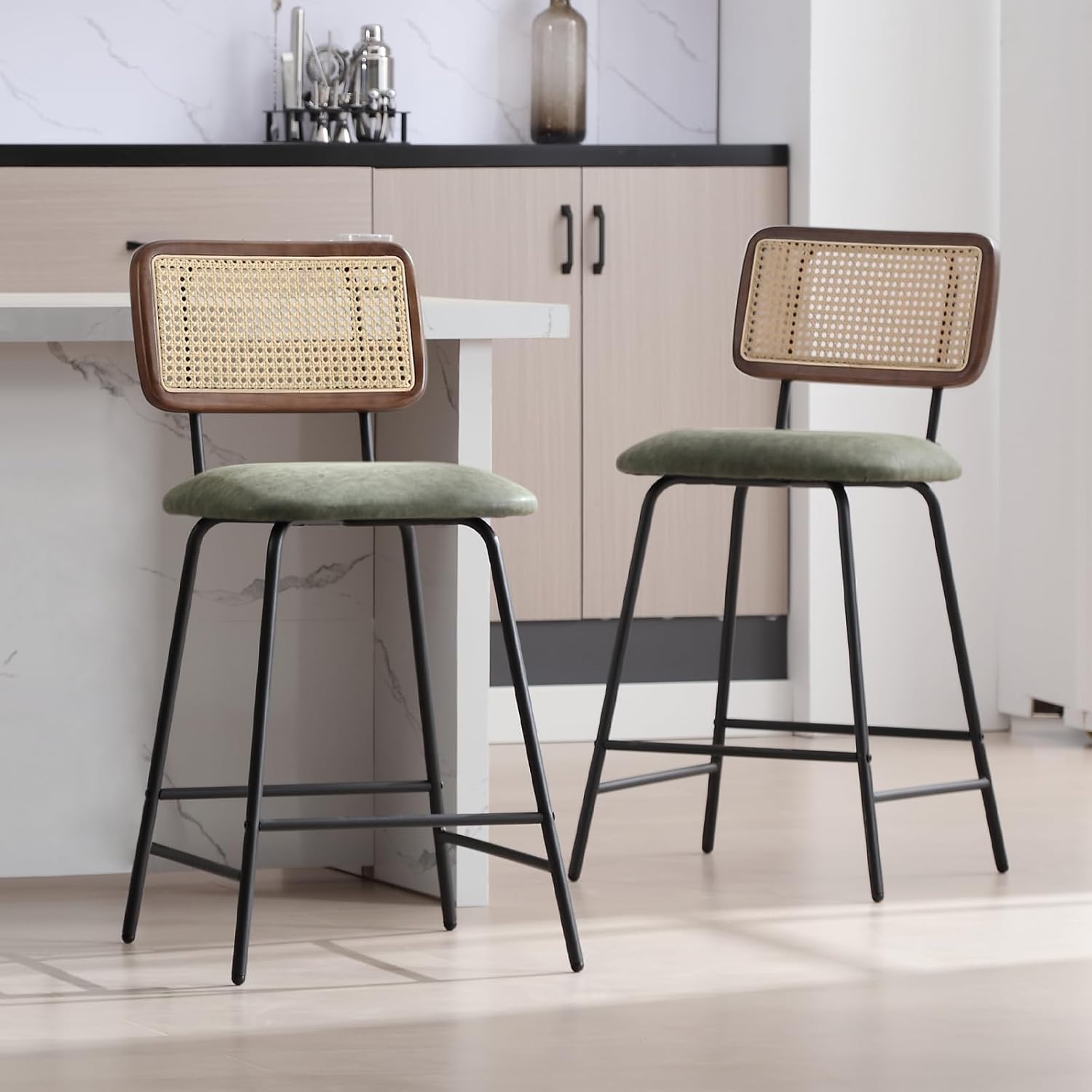 ZH4YOU 26'' Modern Pu Leather  Rattan Counter Height Bar Stools Set of 2 - 5348