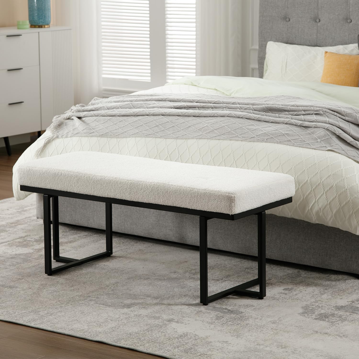 ZH4YOU 45" Modern White Fabric Ottoman Bench for Bedroom - 1013