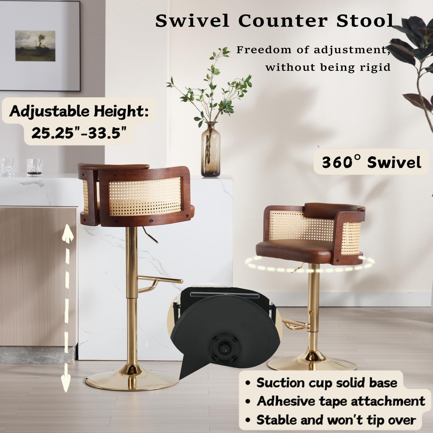 ZH4YOU Modern Brown Leather Upholstered Swivel Bar Stools Cane Back Set of 2 - 6088