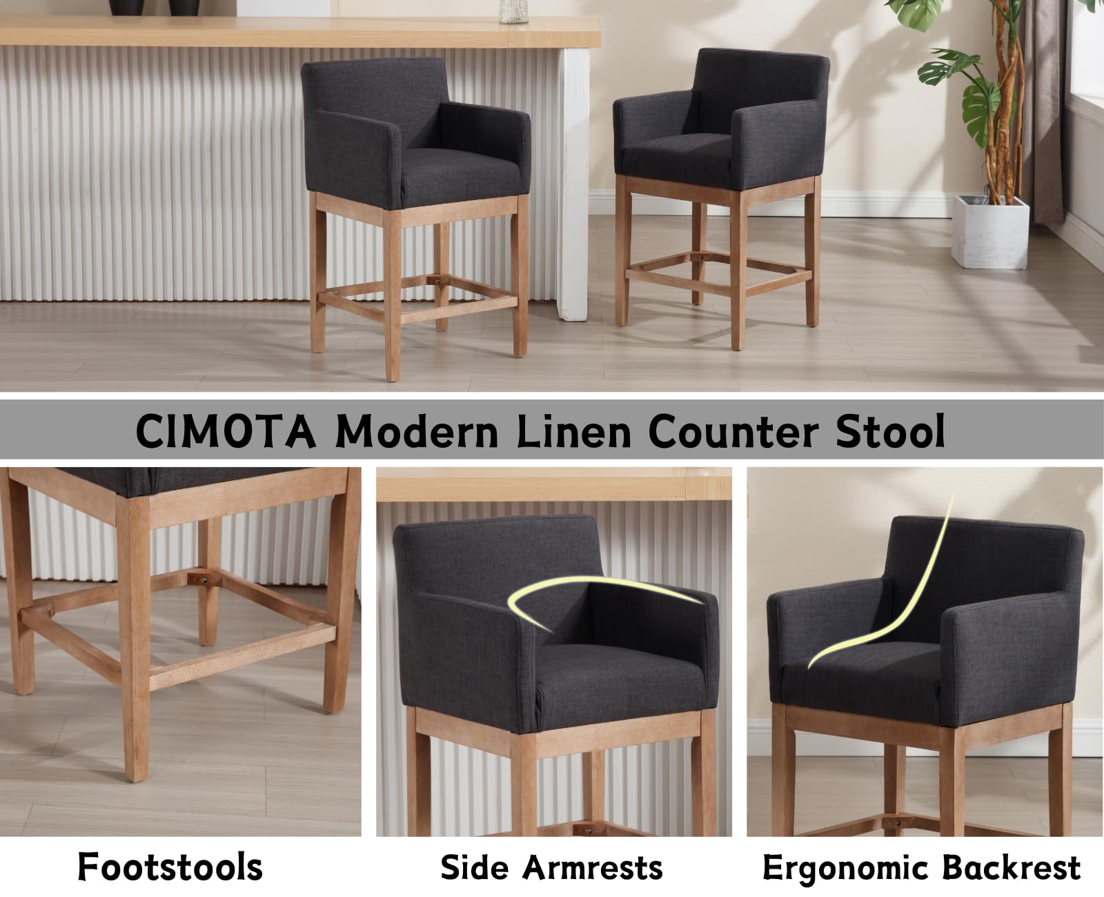 CIMOTA 26'' Farmhouse Wooden Counter Height Bar Stools Set of 2 - 2003