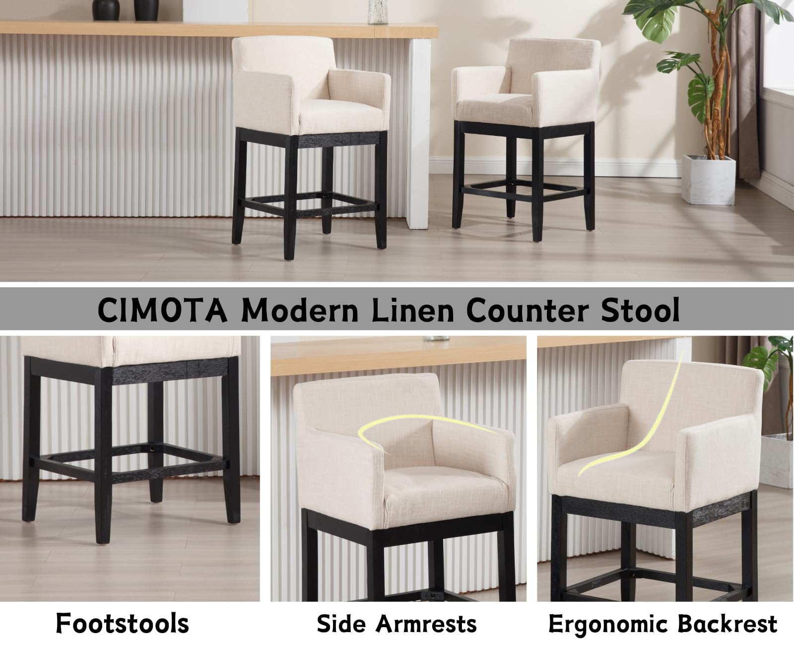 CIMOTA 26'' Farmhouse Wooden Counter Height Bar Stools Set of 2 - 2003