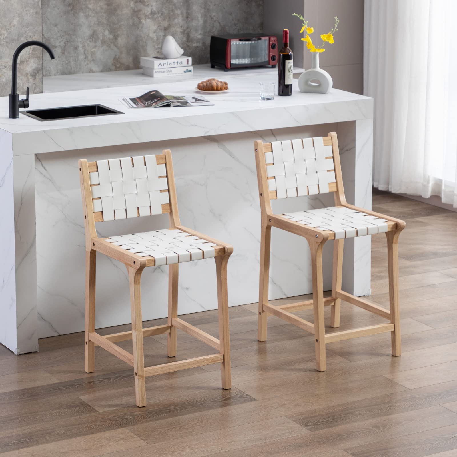 Janoray PU Leather Woven Strap Seat Counter Stools Set of 2