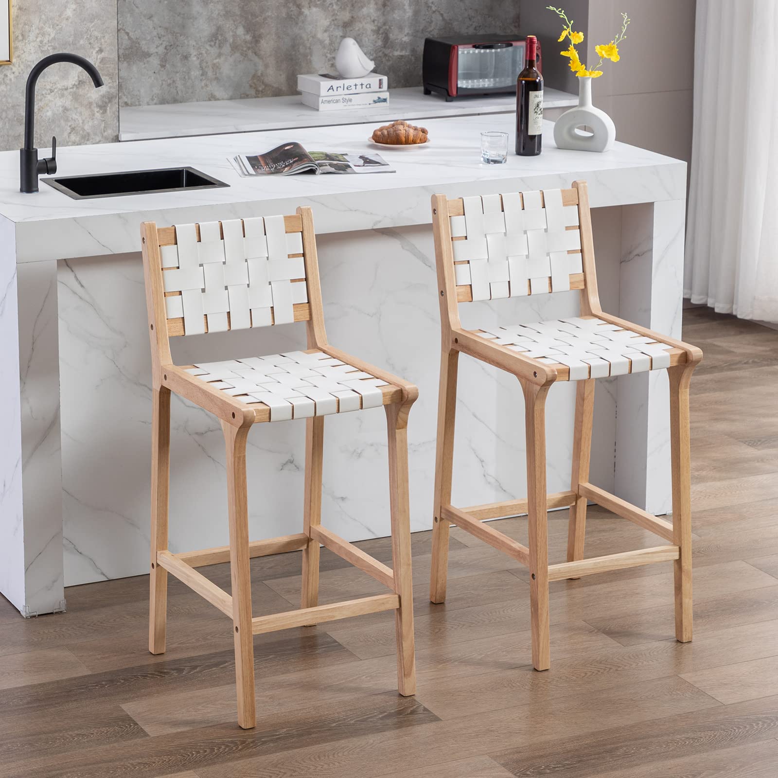 Janoray PU Leather Woven Strap Seat Counter Stools Set of 2