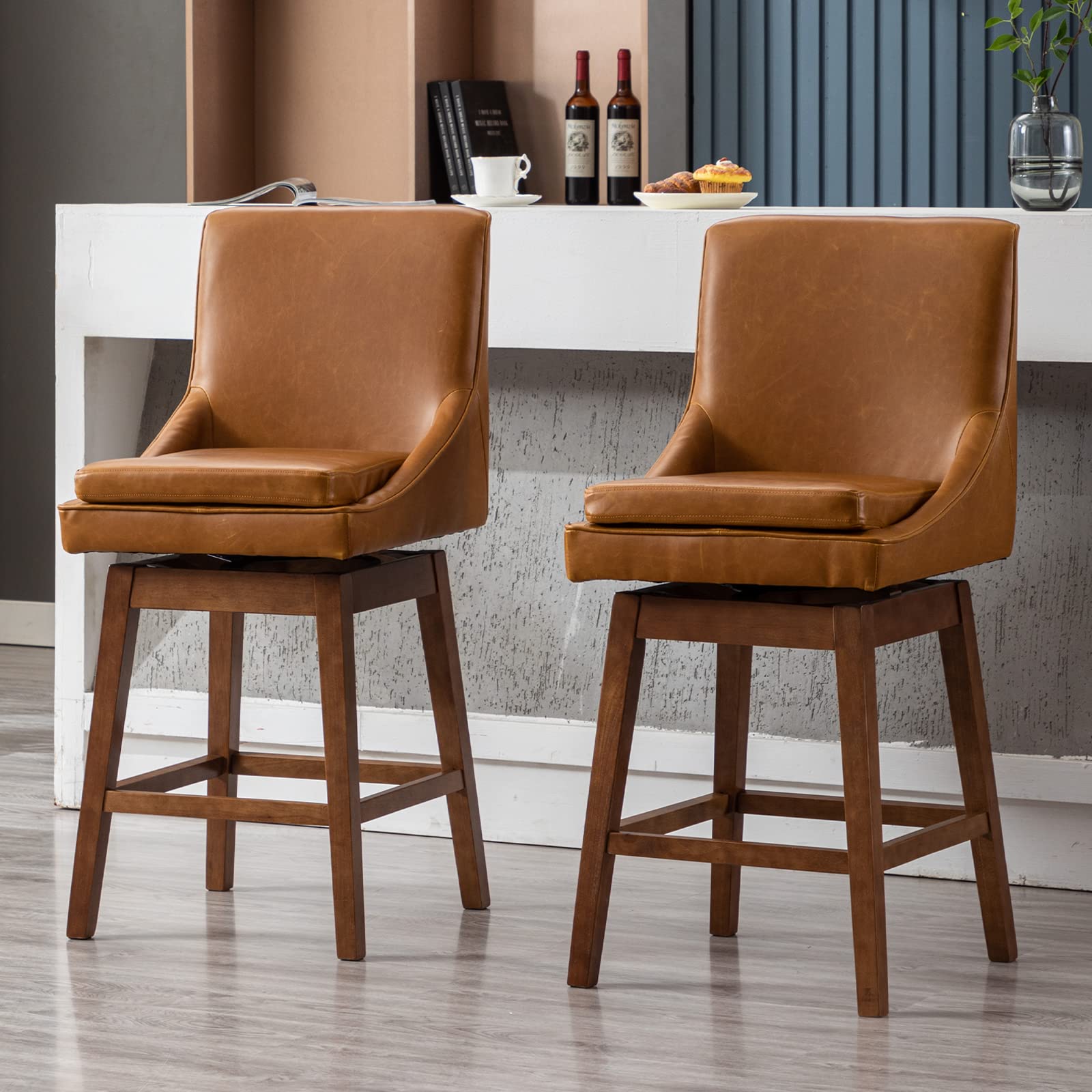 Janoray  40.5'' Swivel Brown PU Leather Counter Height Bar Stools Set of 2