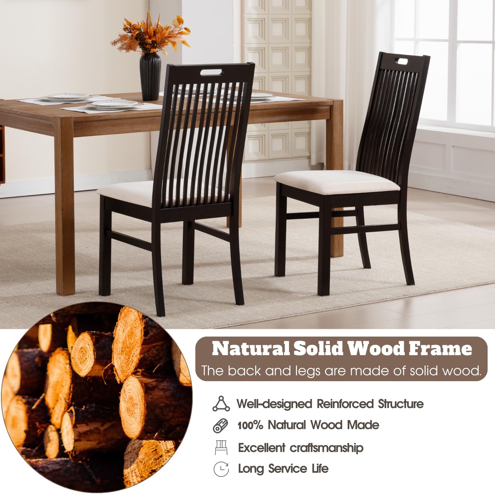 CIMOTA Farmhouse Wooden Walnut Wood Dining Chairs Set of 2 - 8131