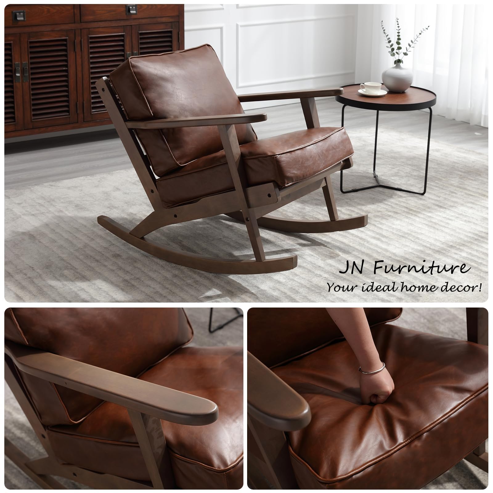 Janoray Mid Century Brown Faux Leather Upholstered Rocking Chair