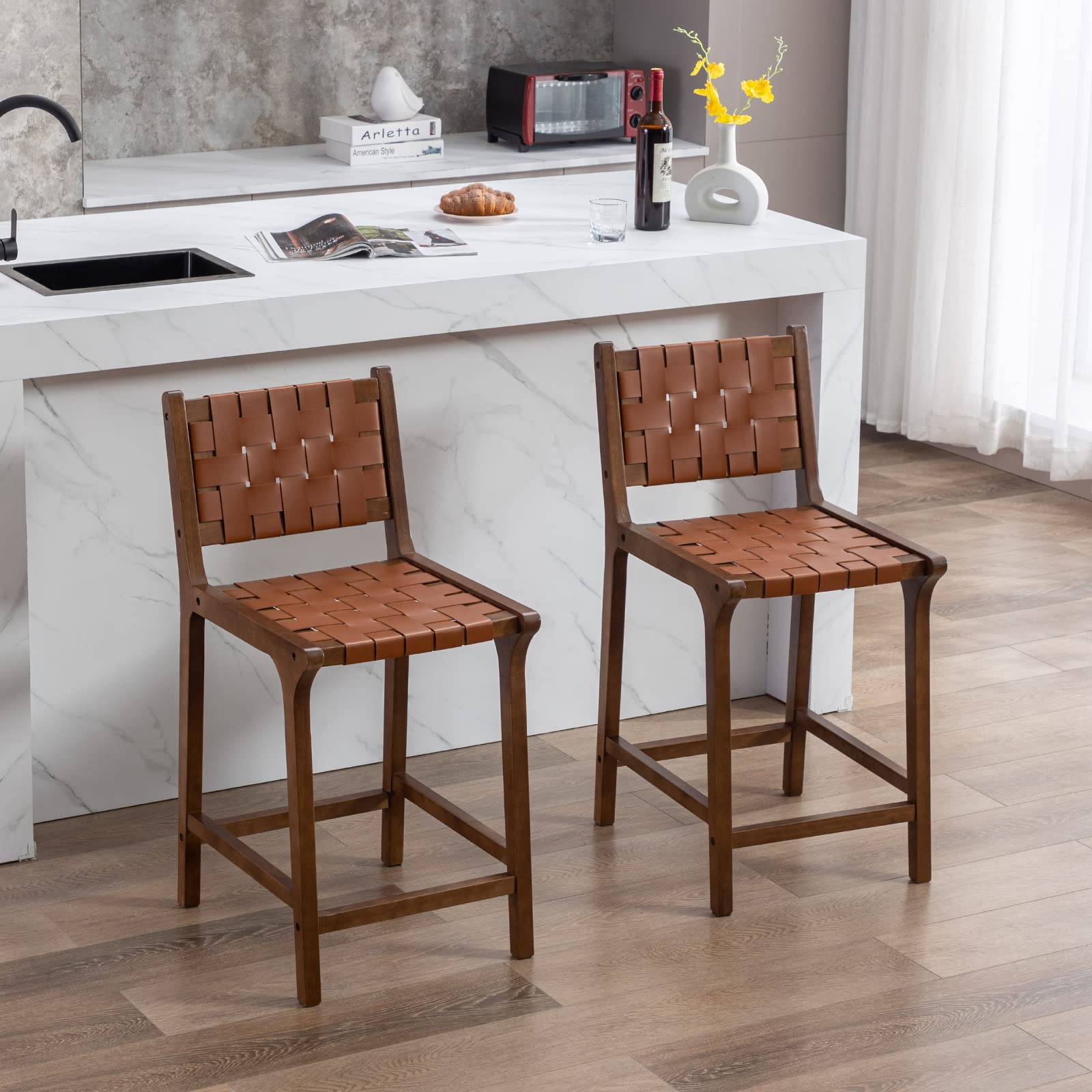 Janoray PU Leather Woven Strap Seat Counter Stools Set of 2