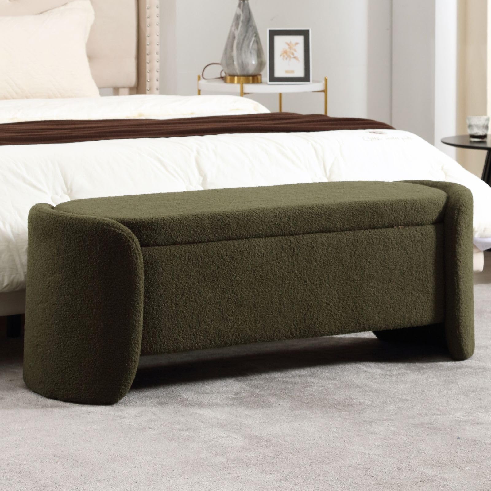 ROCITY 50" Sherpa Green Boucle Storage Bench End of Bed - 30159