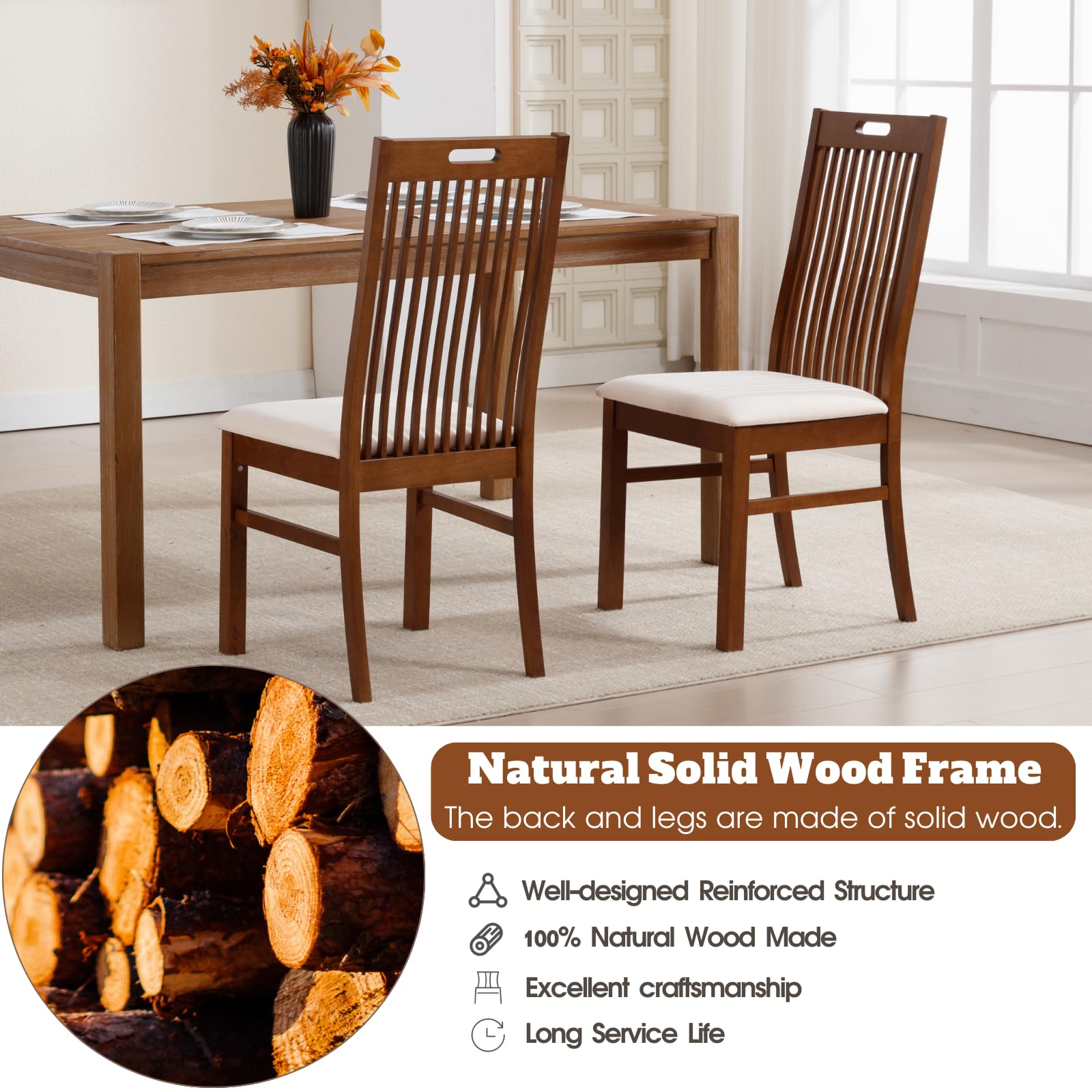 CIMOTA Farmhouse Wooden Walnut Wood Dining Chairs Set of 2 - 8131