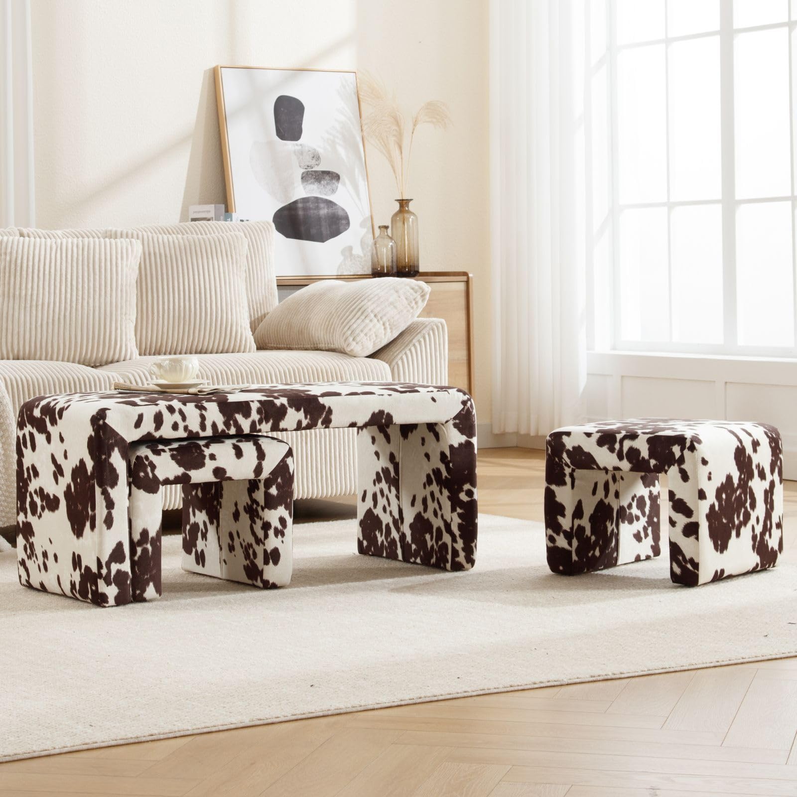 ROCITY Modern Boucle Bench White Sherpa Ottoman Bench Set of 3 - 1819