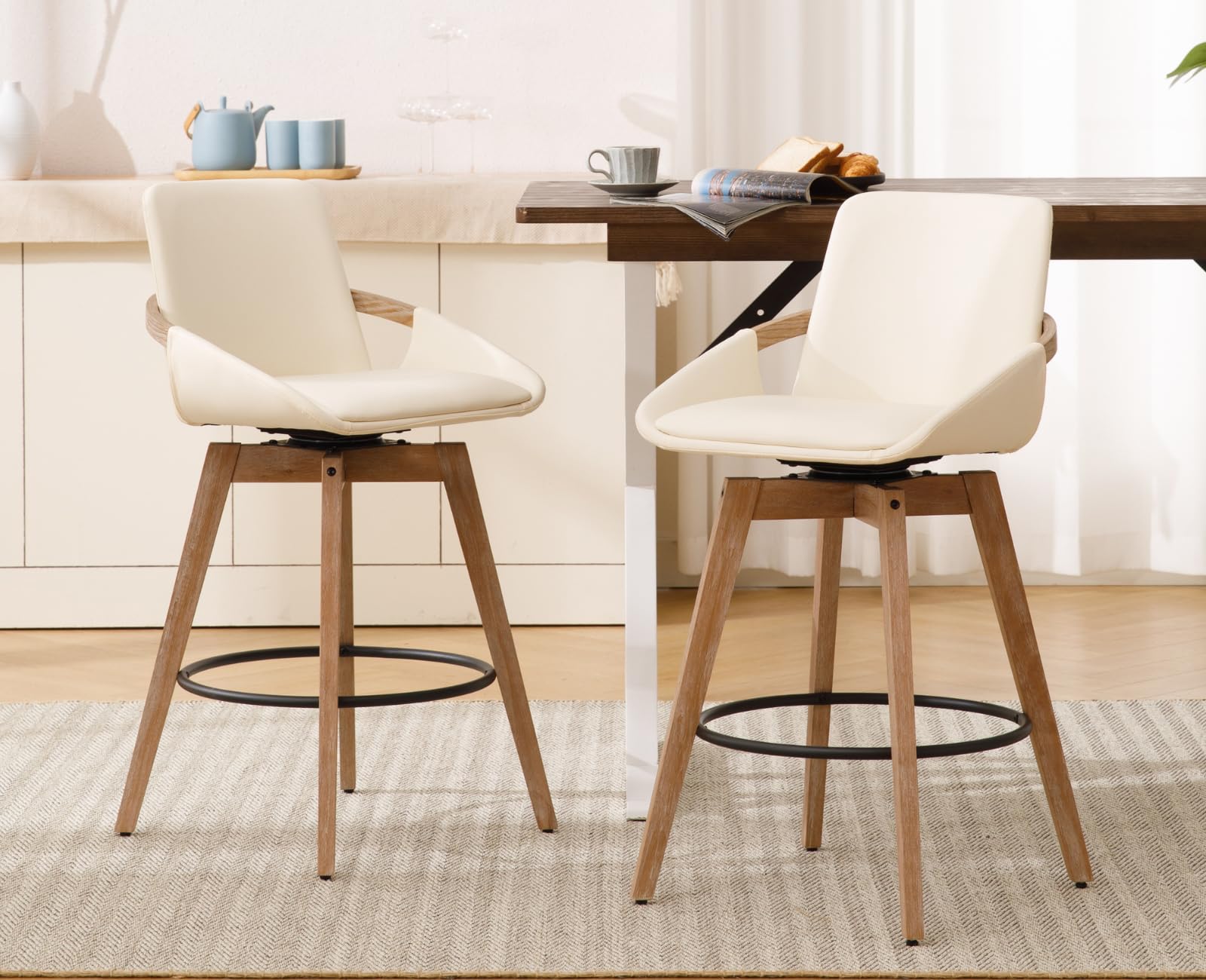 CIMOTA Modern Wooden Curved Back Swivel Bar Stools Set of 2 - 3088