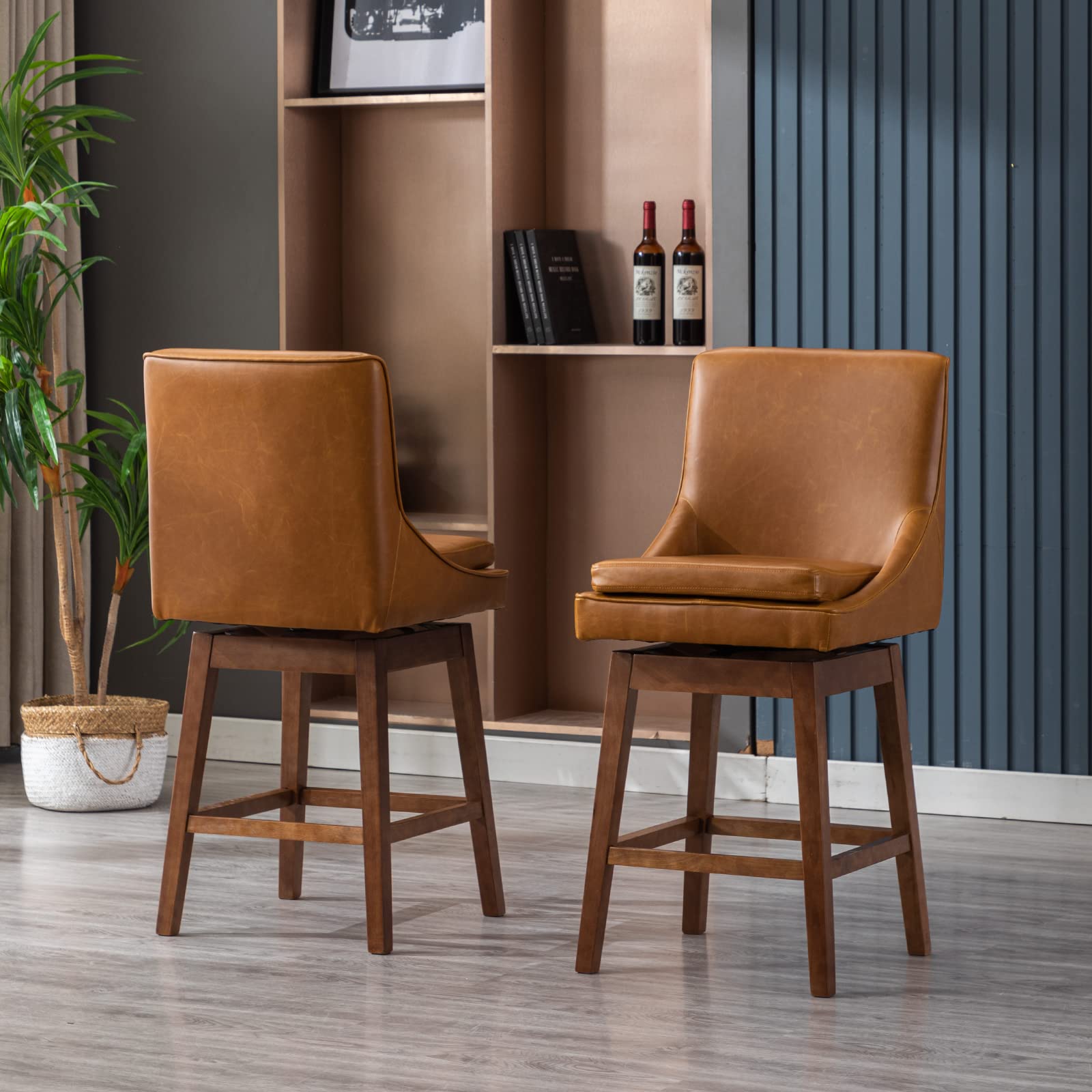 Janoray  40.5'' Swivel Brown PU Leather Counter Height Bar Stools Set of 2