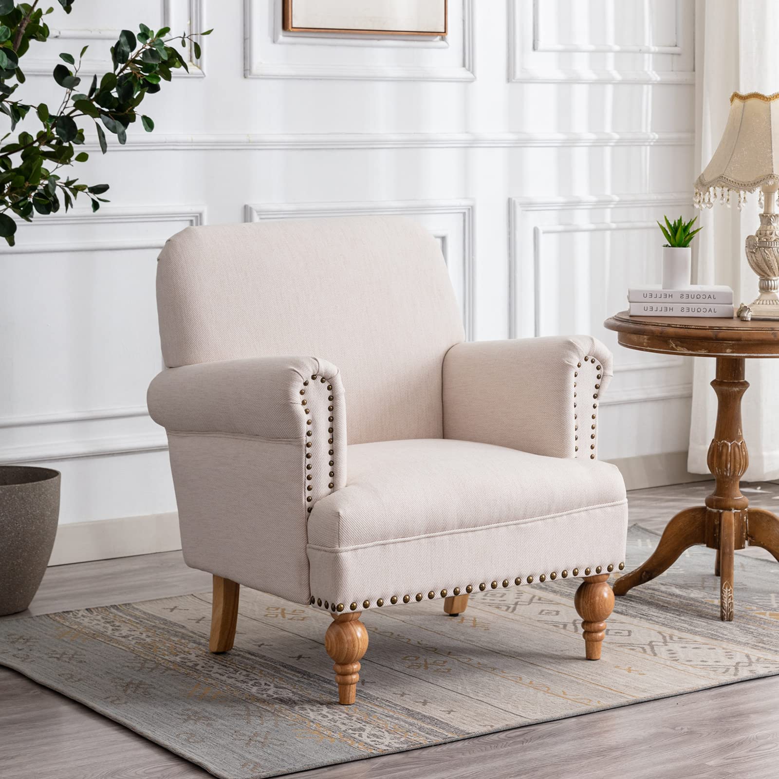 Janoray French Country Farmhouse Linen Accent Chair with Nailhead Trim