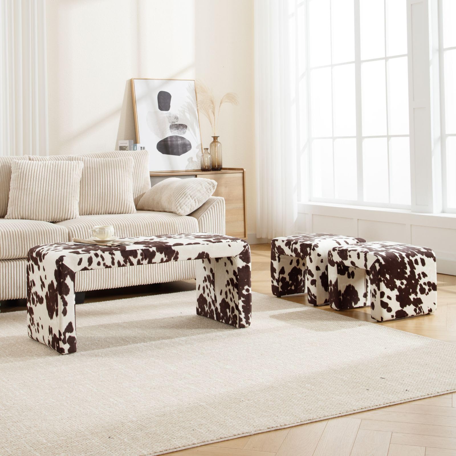 ROCITY Modern Boucle Bench White Sherpa Ottoman Bench Set of 3 - 1819