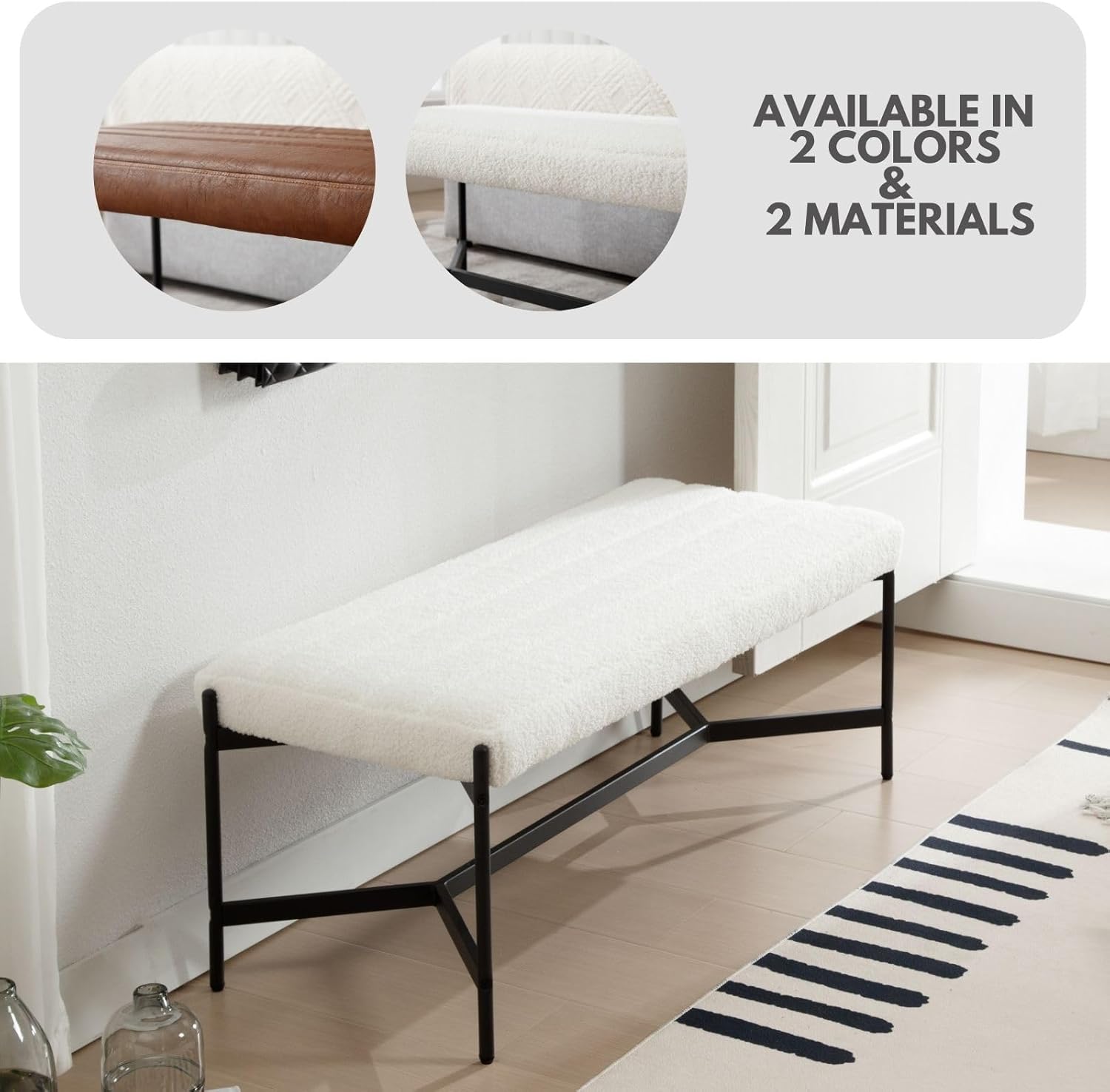 ZH4YOU Bench, 45.75"  Modern White Boucle Bedroom Bench - 2029