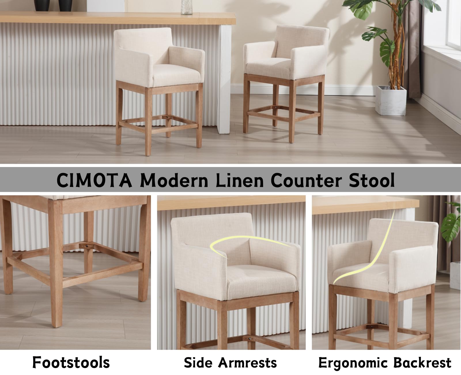 CIMOTA 26'' Farmhouse Wooden Counter Height Bar Stools Set of 2 - 2003