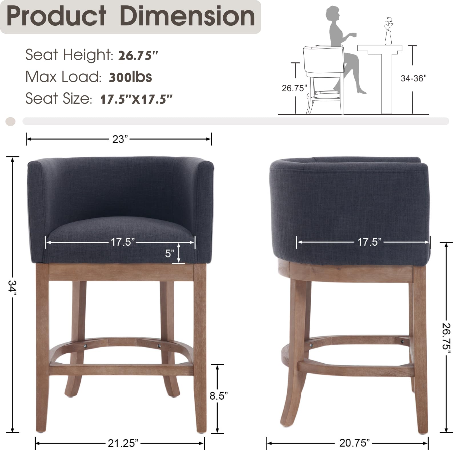 CIMOTA Wooden Fabric Counter Height Barrel Bar Stools 1 Piece - 2004