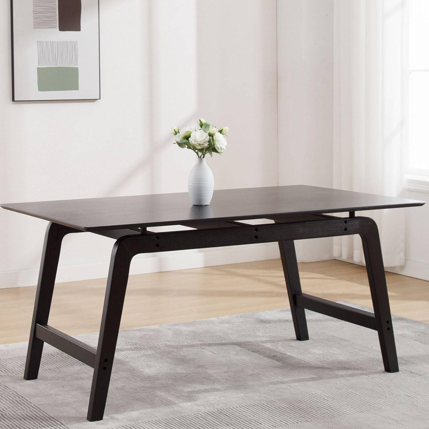 ZH4YOU 63'' W Black Modern Solid Wooden Rectangle Rustic Dining Room Table - 21795